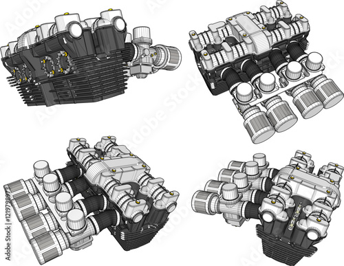 vector sketch illustration of a racing car carburetor turbo engine