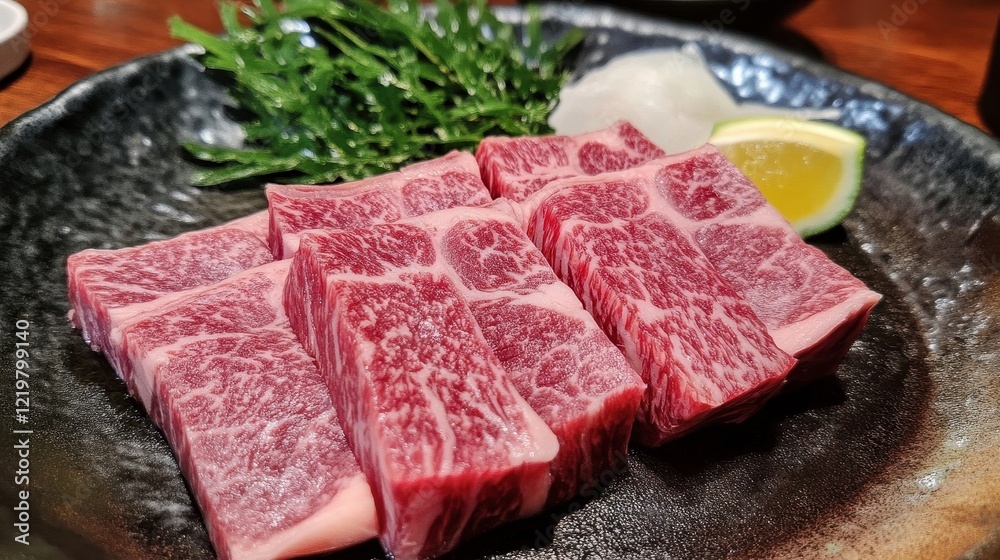 Beautifully marbled wagyu beef served on a black plate with fresh garnish, ready for grilling or cooking at a high-end Japanese restaurant Beautifully marbled wagyu beef served on a black plate with fresh garnish, ready for grilling or cooking at a high-end Japanese restaurant