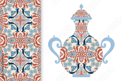 Hand drawn pitcher, vase with ornament and vertical seamless pattern. Decorative doodle texture, isolated elements for textile fabric, paper print, invitation or card design