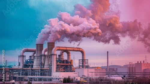 Pink colorful smoke from a factory. Abstract futuristic artificial landscape.