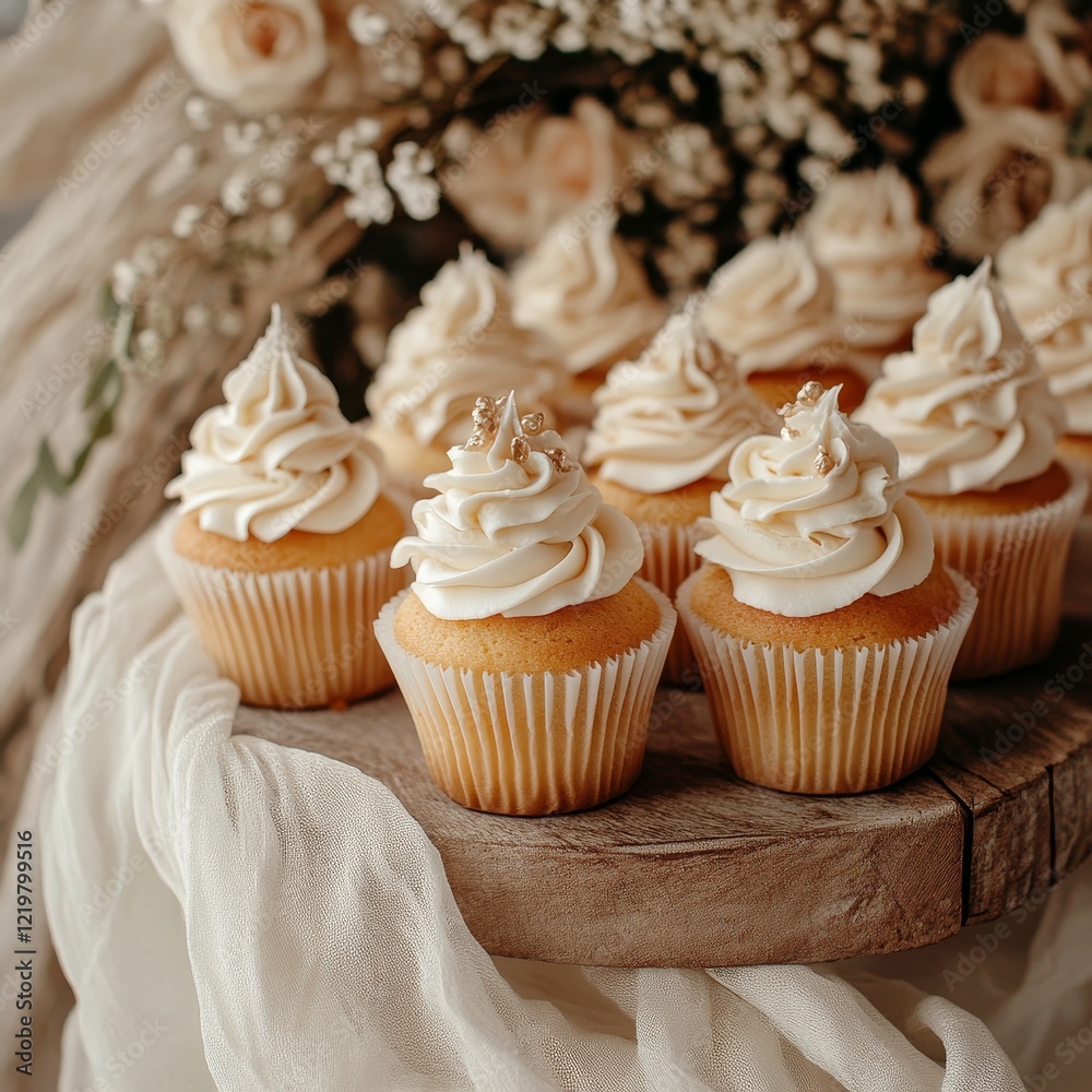 A beautiful display of cupcakes with creamy frosting intricately decorated and placed on a wooden stand amidst a backdrop of delicate flowers and fabric. A beautiful display of cupcakes with creamy frosting intricately decorated and placed on a wooden stand amidst a backdrop of delicate flowers and fabric.