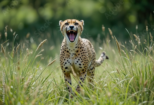 A cheetah, mouth agape, runs swiftly through tall green grass in a natural outdoor setting.