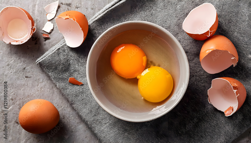 Two cracked eggshells and two egg yolks in a bowl on a gray cloth, showcasing the contrast between the vibrant yolks and the muted background. Top view. Generative AI Two cracked eggshells and two egg yolks in a bowl on a gray cloth, showcasing the contrast between the vibrant yolks and the muted background. Top view. Generative AI