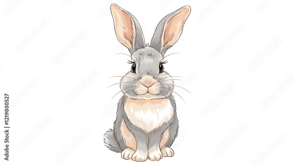 Fototapeta premium Charming Bunny Illustration with Large Fluffy Ears and Soft Gray and White Fur