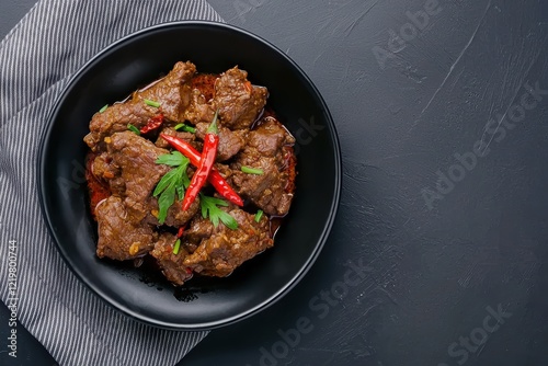 Indonesian traditional beef rendang on dark background. Indonesian spicy beef stew photo