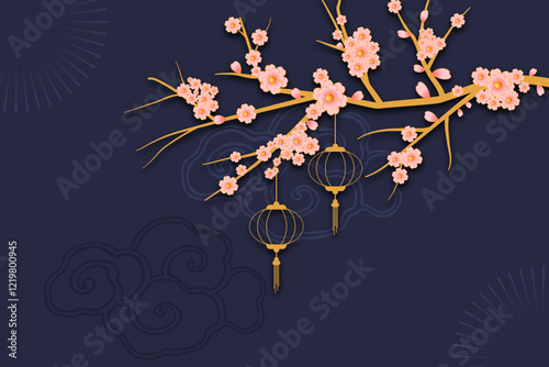 Happy Chinese new Year, Eastern calendar design template with Chinese lantern and cherry blossom. Asian traditional holiday lunar new year celebration.