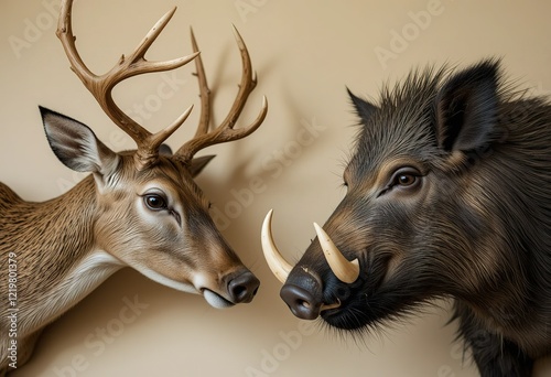 A close-up image showcases meticulously crafted taxidermy mounts of a whitetail deer and a wild boar, positioned side by side. photo