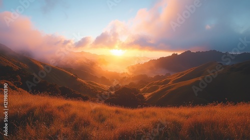 Wallpaper Mural Golden sunrise over hills with misty clouds. Torontodigital.ca