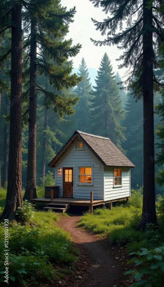 Cozy white cabin nestled among tall pines and cedar trees in a secluded forest, rustic, woods Cozy white cabin nestled among tall pines and cedar trees in a secluded forest, rustic, woods