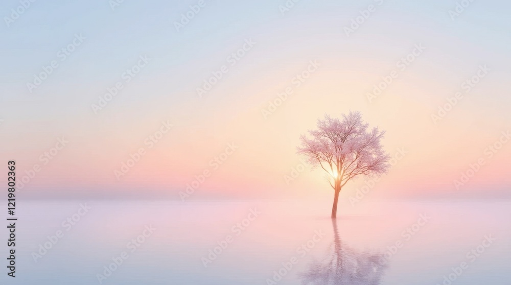 Fototapeta premium Serene Sunrise Illuminating a Single Tree in Japandi Style