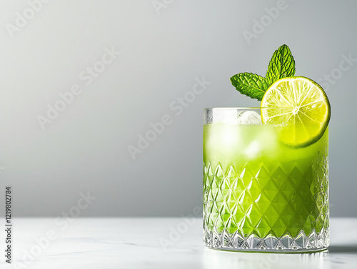 Erfrischender grüner Smoothie mit Limettenscheibe und Minze

 photo