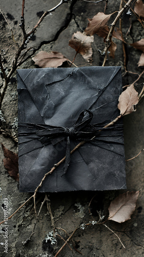 Black craft envelope surrounded by leaves on the ground. Black decoration core, stylish dark mood, romantic sadness vibe.