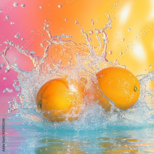 Two oranges make a dramatic splash into water, creating droplets all around with a visually stunning rainbow-colored background. photo