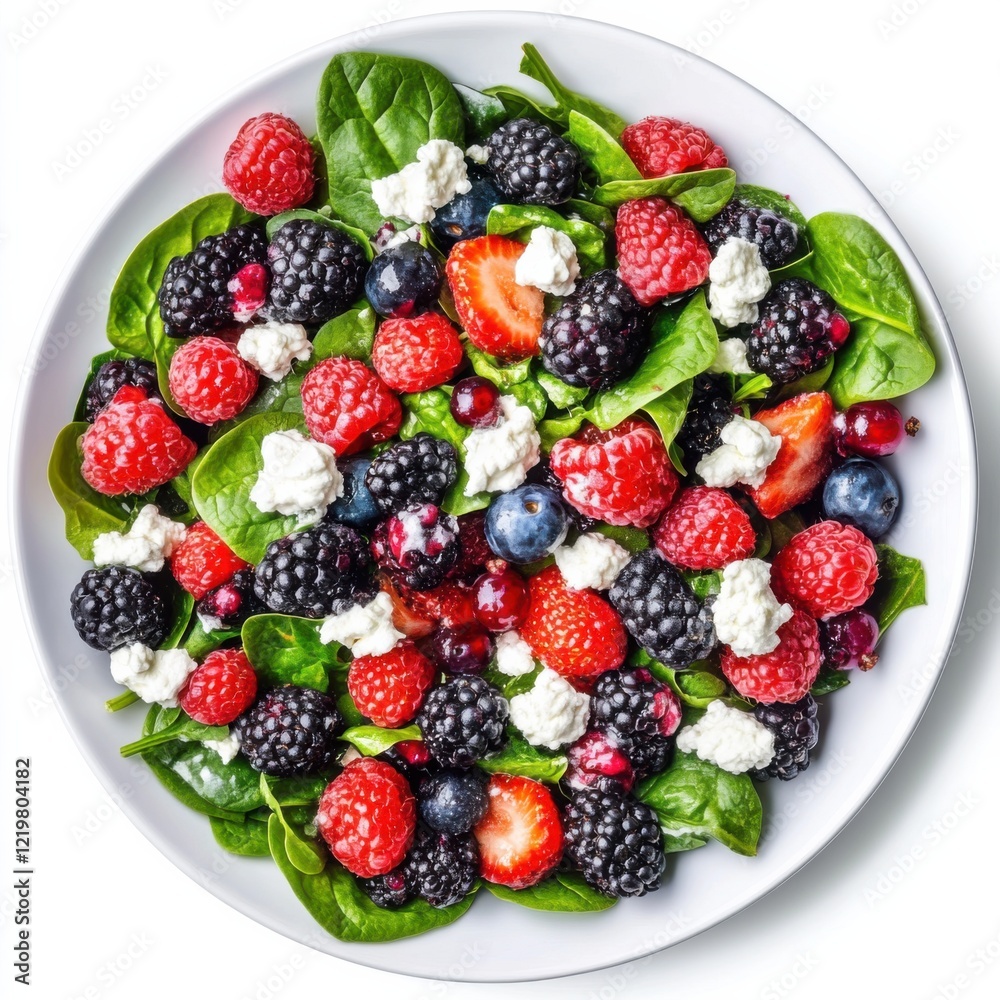 Fototapeta premium A refreshing mixed berry salad with spinach and goat cheese, isolated white background, abstract expressionist art style