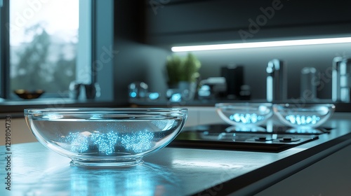 Futuristic Kitchen Counter with Transparent Bowls of Glowing Pulses and Modern Health Gadgets photo