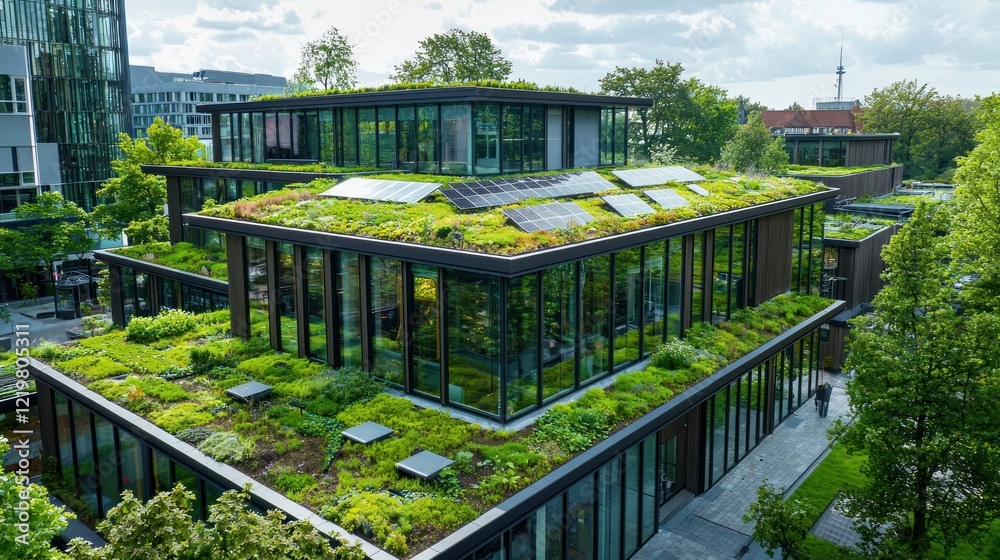 Fototapeta premium Green roof building with solar panels on city, trees, urban view.