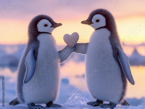 Adorable Penguins on Ice One Offers Heart Shaped Pebble Under Romantic Polar Sunset Glow, valentine's day