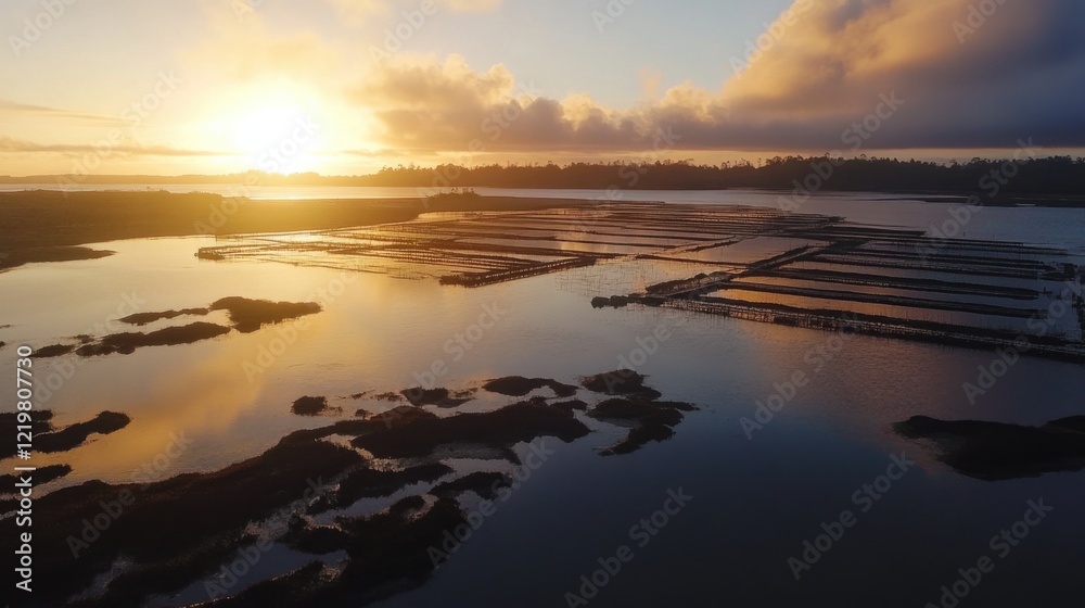 Aerial view of serene sunset over water with oyster beds and distant forested shore Aerial view of serene sunset over water with oyster beds and distant forested shore