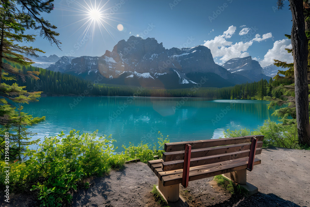 Serene Landscape: Inviting Turquoise Lake Nestled Amidst Snow-Capped Mountains and Lush Greenery Serene Landscape: Inviting Turquoise Lake Nestled Amidst Snow-Capped Mountains and Lush Greenery