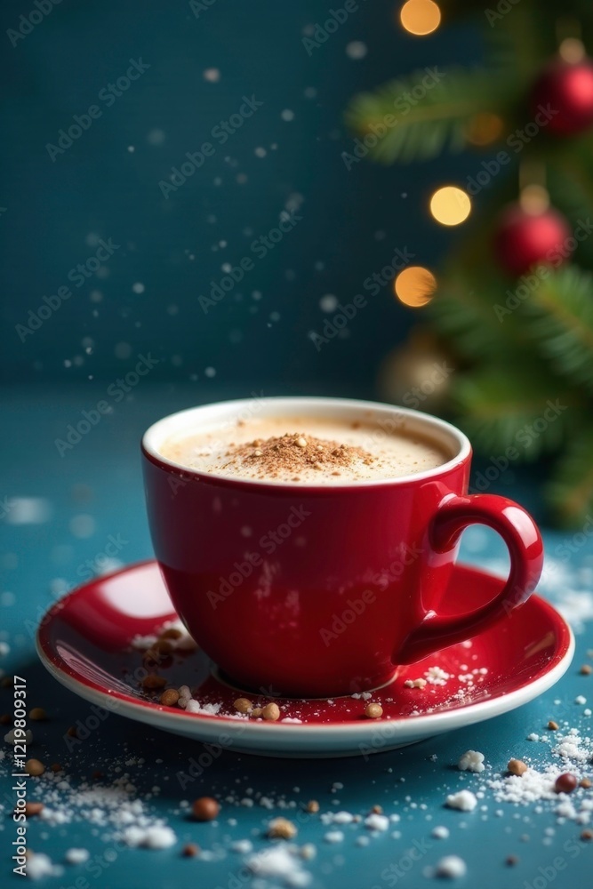 Cozy winter scene with cup of hot cocoa in red cup on blue background, warm, cozy Cozy winter scene with cup of hot cocoa in red cup on blue background, warm, cozy
