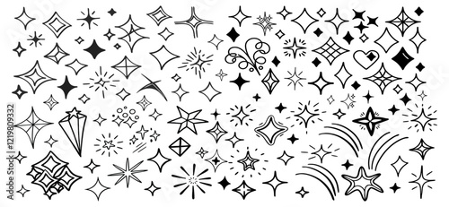 Line hand drawn Sparkles doodle set. starburst, radiant lines, star scribble brush pen stroke element, dynamic sparkle pattern, doodle vector illustration.