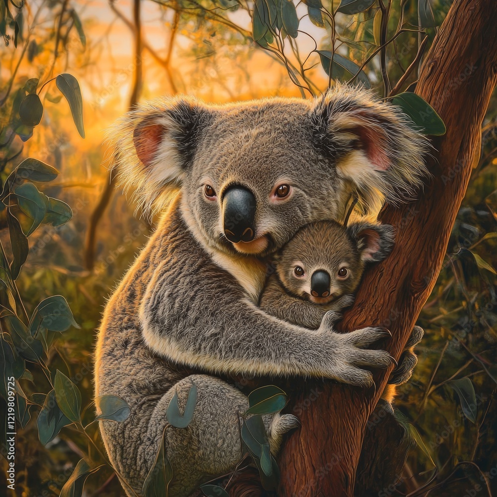 Fototapeta premium A heartwarming scene of a koala mother embracing her joey on a eucalyptus tree in the golden sunset, symbolizing maternal warmth and the beauty of wildlife.