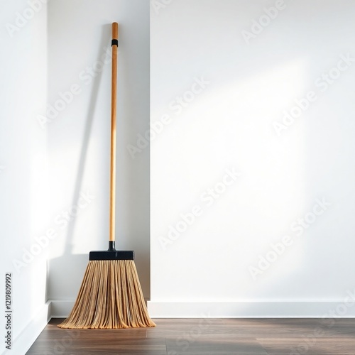 Broom leans against a pristine white wall in a brightly lit modern home.