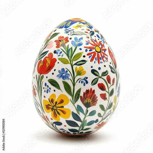 Hungarian Egg with Kalocsa Floral Motifs in Vibrant Red, Blue, Green, and Yellow on White Shell. Hand-Painted Folk Art for Cultural and Artistic Designs. photo