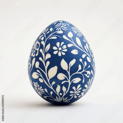 Czech Kraslice Egg Dyed Blue with White Wax-Resist Floral and Geometric Patterns on White Background. Traditional Folk Art for Seasonal Branding and Cultural Projects. photo