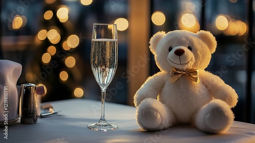 White Teddy Bear Sitting Beside a Champagne Glass on an Elegant Dining Table with Soft Lighting photo