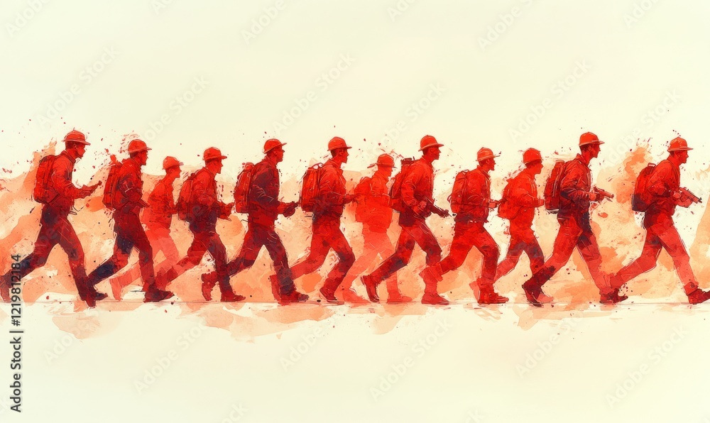 Obraz premium Red workers march, carrying packs.