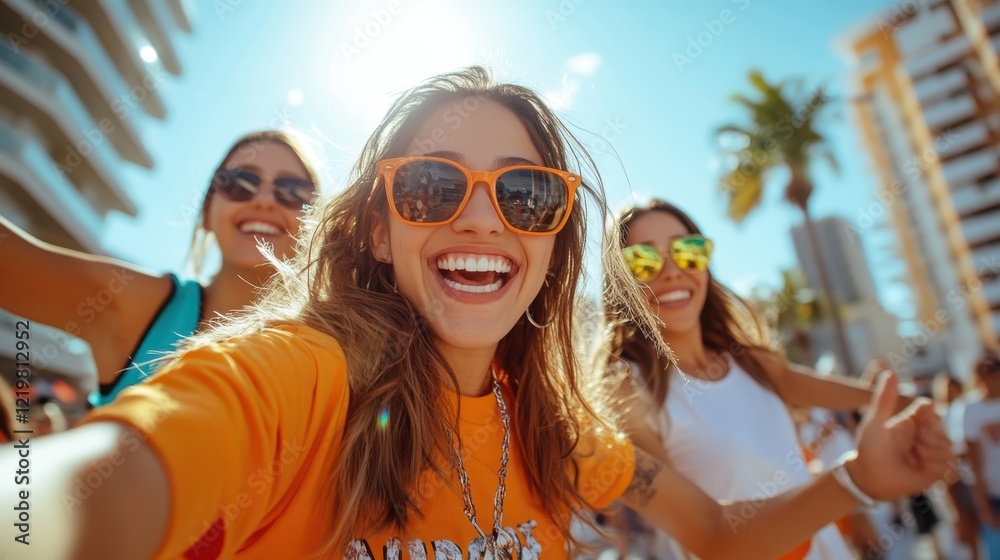 Carefree friends joyfully dancing together under the bright sun Carefree friends joyfully dancing together under the bright sun