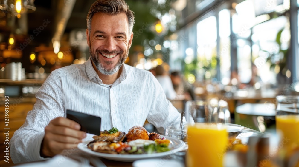 Man enjoying breakfast while making a contactless payment in restaurant Man enjoying breakfast while making a contactless payment in restaurant