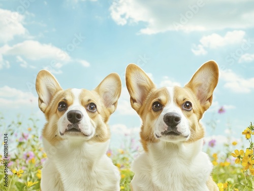 Nature immersion for pets exploring vibrant wildflower fields with joyful puppies bounding through blossoms beneath bright blue skies. photo