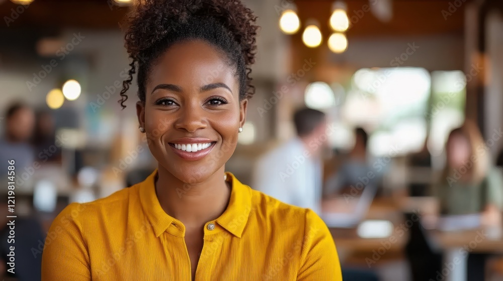 Fototapeta premium Joyful African American businesswoman engages with colleagues in modern office
