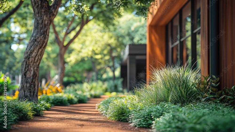Obraz premium Lush garden path by a modern building.