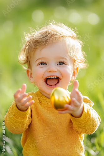 A delighted toddler gleefully squeals while holding a shiny golden egg found in the grass. The sunny day adds to the child's excitement in a vibrant outdoor setting photo