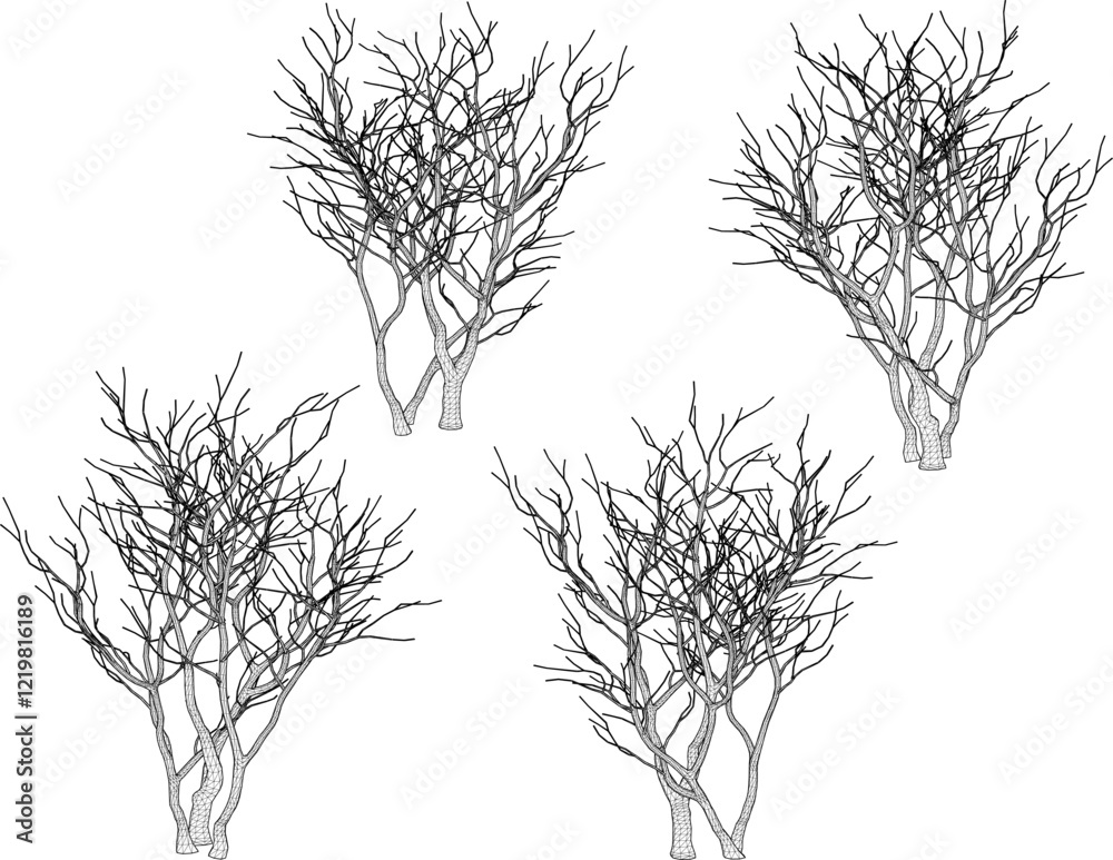 Obraz premium Vector sketch illustration silhouette design of tree plant full of branches without leaves