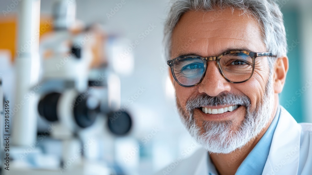 Fototapeta premium Happy man enjoying routine eye checkup at ophthalmologist office
