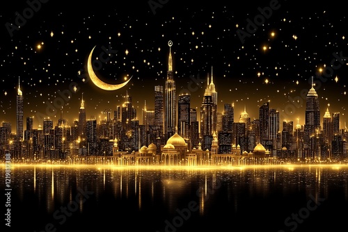 Golden Cityscape at Night with Crescent Moon and Stars photo