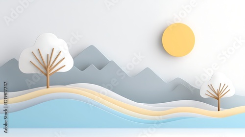 Serene Winter Landscape with Paper Art Mountains and Trees