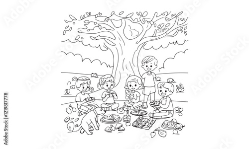 Children Enjoying Picnic Under a Tree Coloring Page - Fun and Relaxing Outdoor Scene for Kids