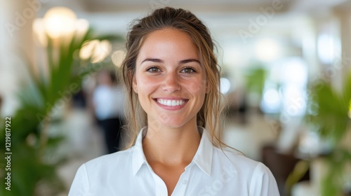 Smiling female hotel manager connecting with guests in a vibrant lobby