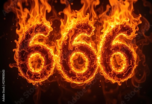 The image depicts the number 666 engulfed in intense flames against a dark background. photo