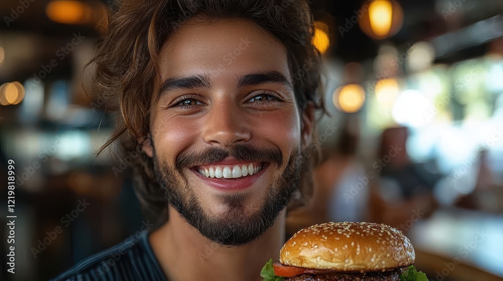Delightful young woman savoring a hamburger in a lively pub atmosphere Delightful young woman savoring a hamburger in a lively pub atmosphere