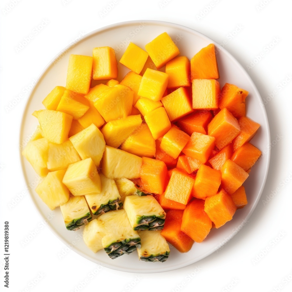 A refreshing mixed fruit platter with papaya, mango, and pineapple A refreshing mixed fruit platter with papaya, mango, and pineapple