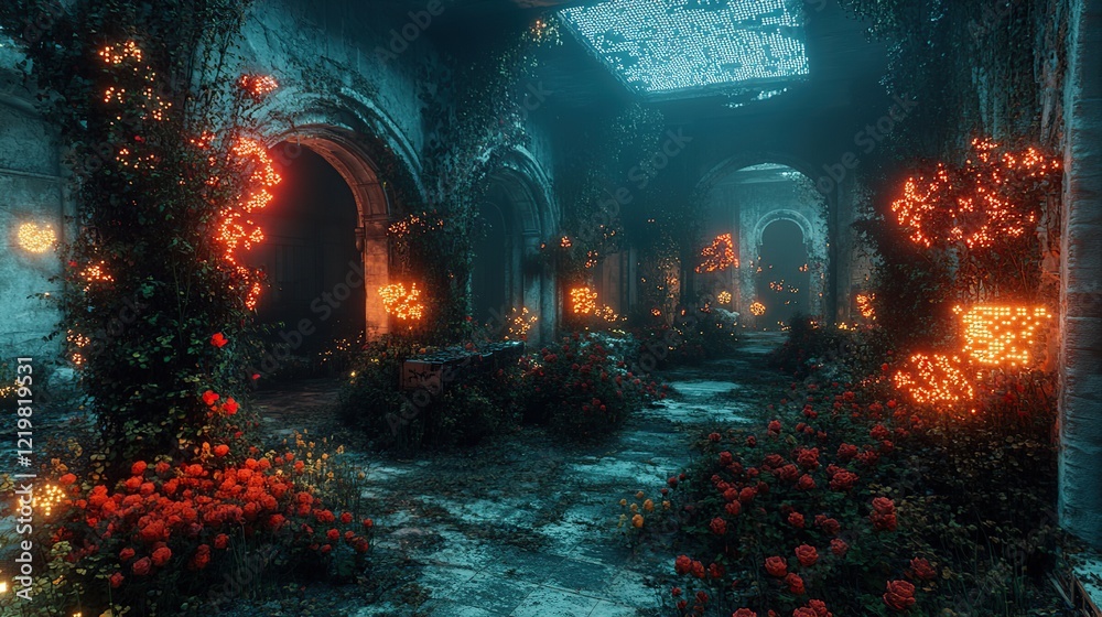 Obraz premium An abandoned city filled with pixelated trees, digital vines, and glowing flowers, turning the city into a futuristic jungle