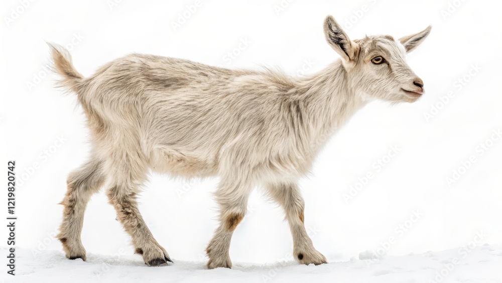 Fototapeta premium Cream Goat Kid in Winter Full Body Profile, Snow Background, Minimalist Composition Goat, Kid