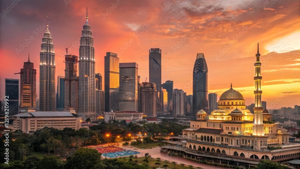 Obraz premium Golden Hour Kuala Lumpur Skyline Mosque and Skyscrapers Composition, Cityscape Photography, Urban Architecture, Malaysia Kuala Lumpur, Malaysia