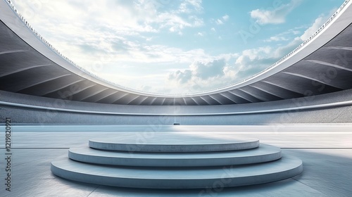 A large, empty futuristic stadium with open skies, emphasizing architectural grandeur and limitless potential. It represents space, possibilities, and modern design. photo